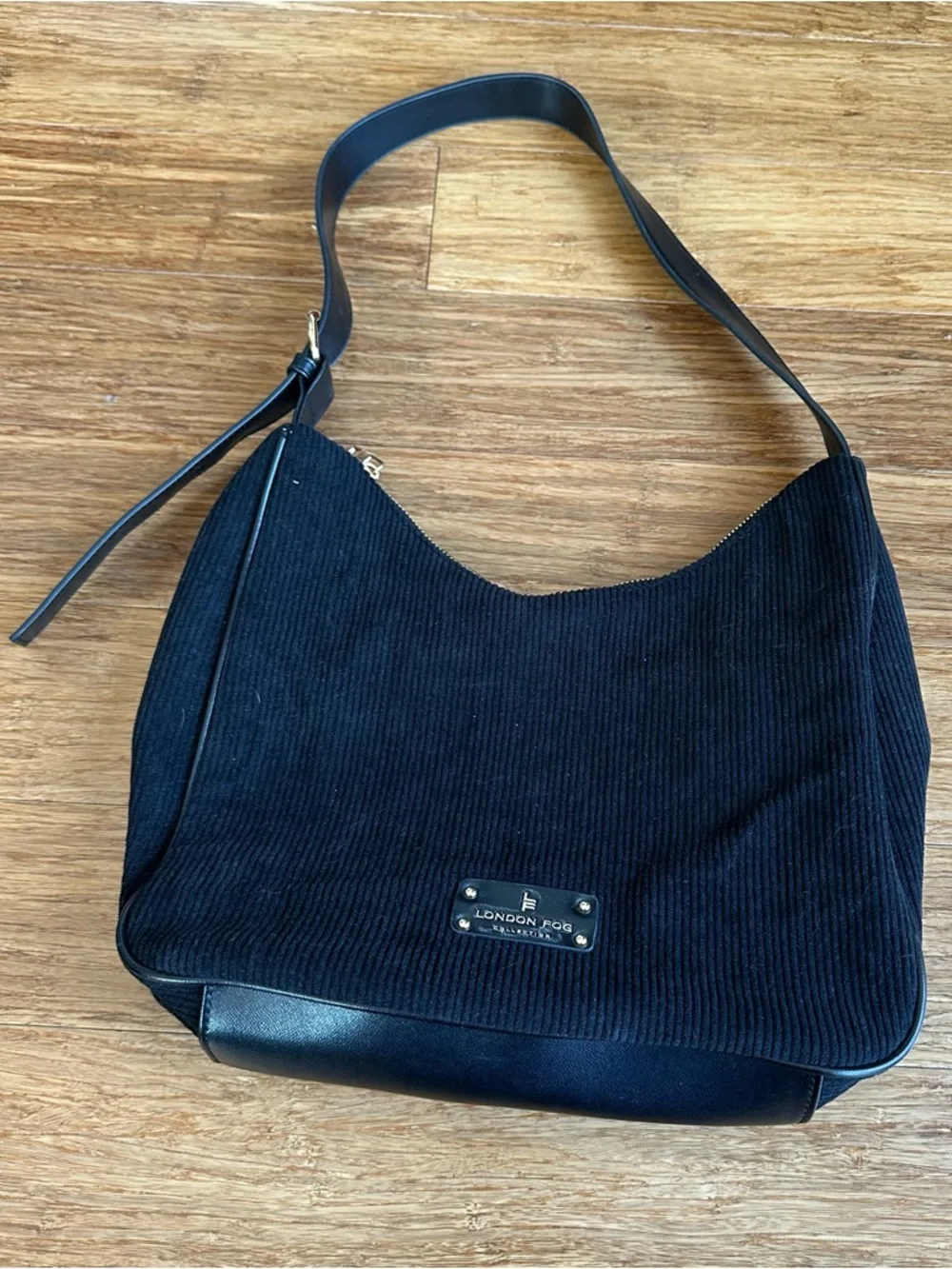 LONDON FOG Black Corduroy Leather Trim Gold Hardware‎ Hobo Shoulder Bag